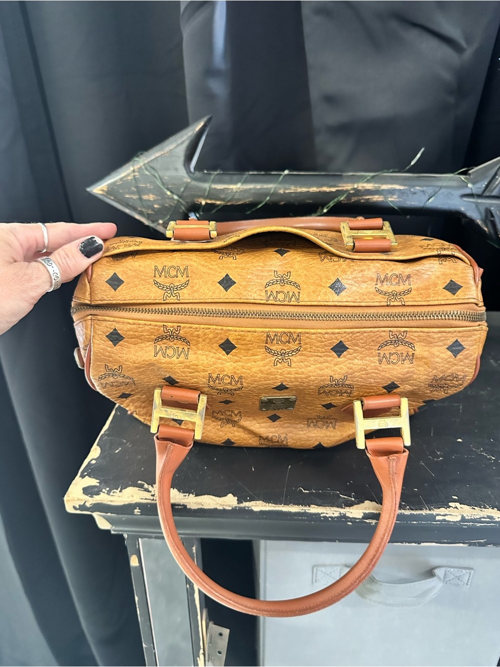 MCM Cognac Coated Canvas Monogram Satchel with Gold Hardware - Picture 6 of 6